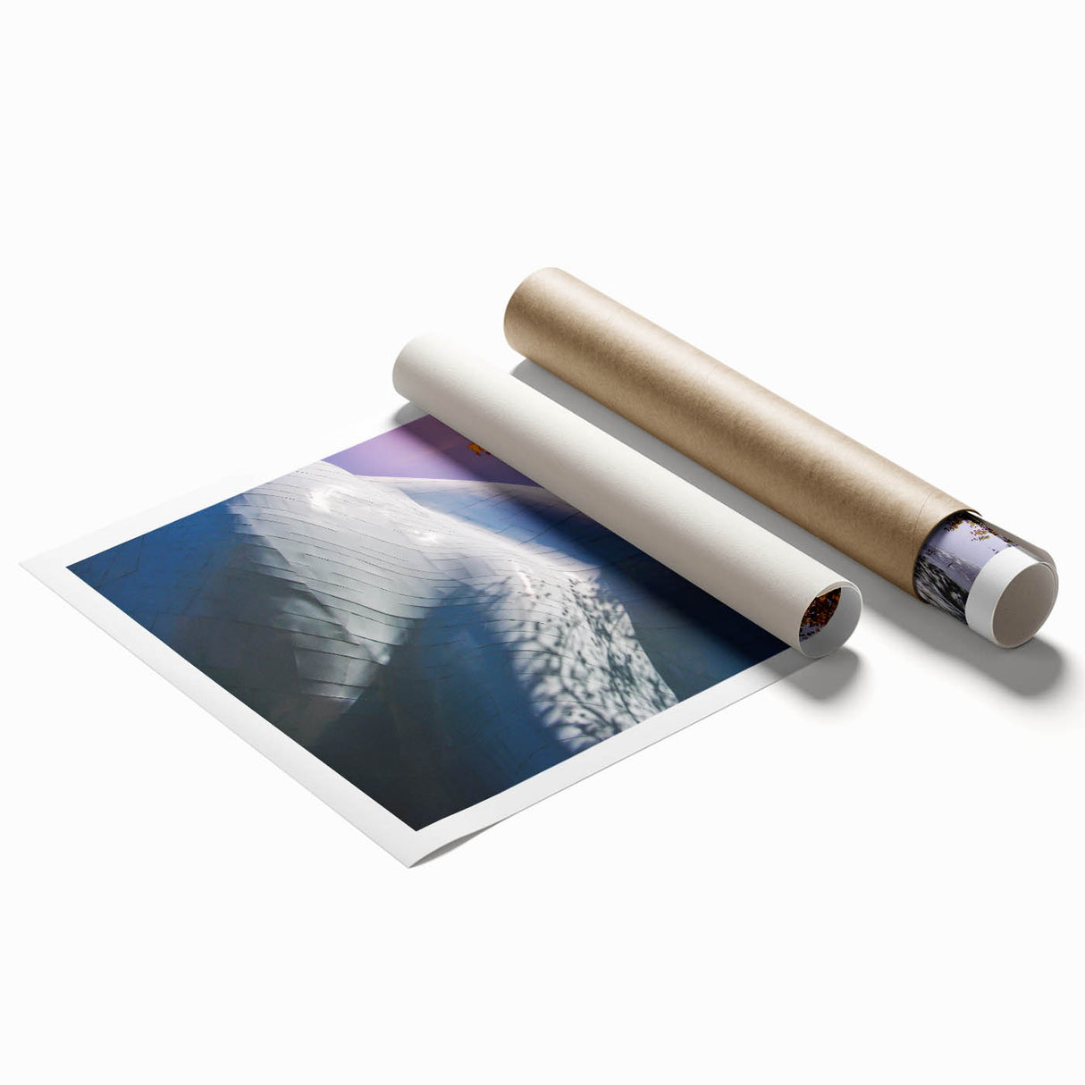Extra large rolled print of Seattle skyline with floral foreground in muted colors, ideal for classy bathroom wall art.