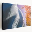 Large art print of the Seattle skyline in muted blue and gray tones on stretched canvas, ideal for kitchen wall art.