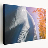 Large art print of the Seattle skyline in muted blue and gray tones on stretched canvas, ideal for kitchen wall art.