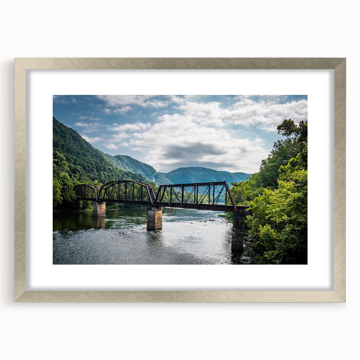 Textured abstract art print of West Virginia scenery in muted earth tones, framed in silver, ideal for bedroom decor.