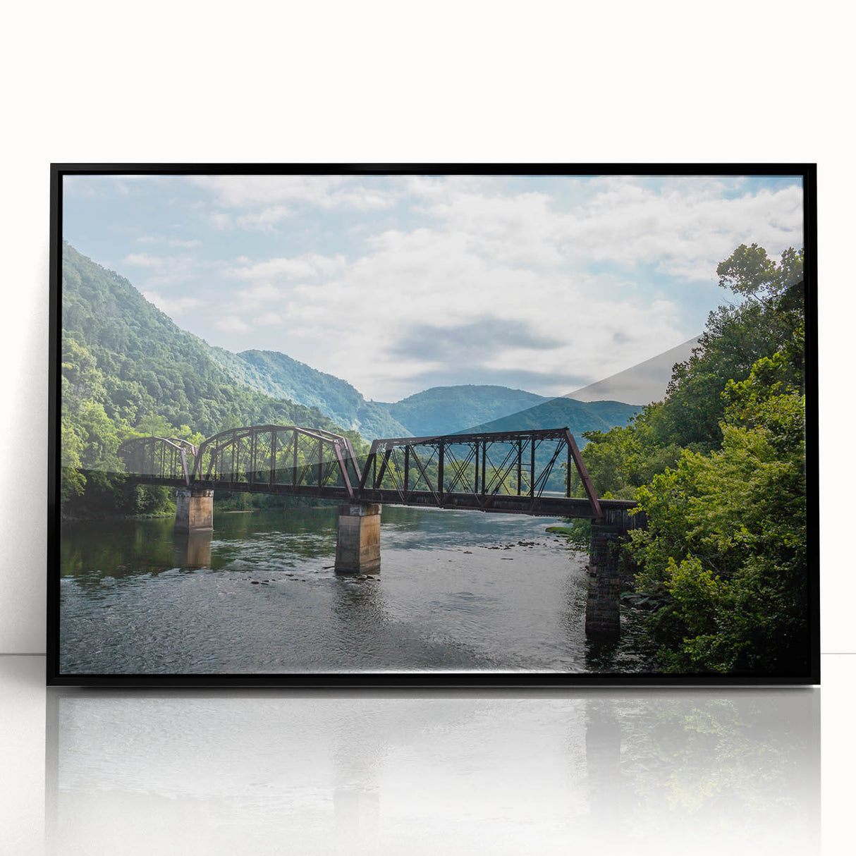 Large abstract wall art depicting West Virginia scenery in muted earth tones, framed in black acrylic.