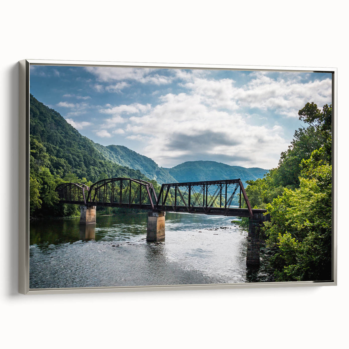 Framed canvas featuring a vintage-style landscape painting of West Virginia hills in muted earth tones.