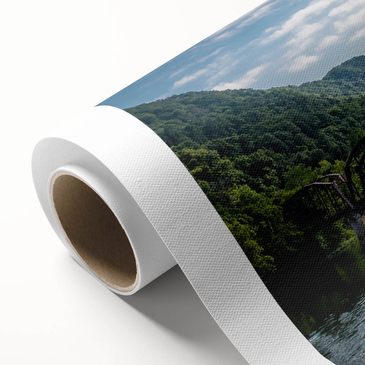 Art deco poster of West Virginia scenery in muted earth tones on rolled canvas.