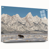 Acrylic print of the Grand Tetons in muted earth tones, ideal for enhancing a dining room or bedroom ambiance.