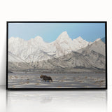 Framed acrylic print of the Grand Tetons with muted earth tones in a mid-century modernist style.