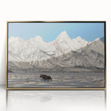 Acrylic print of the Grand Tetons in muted earth tones, framed in gold, exemplifying mid-century modernist style.