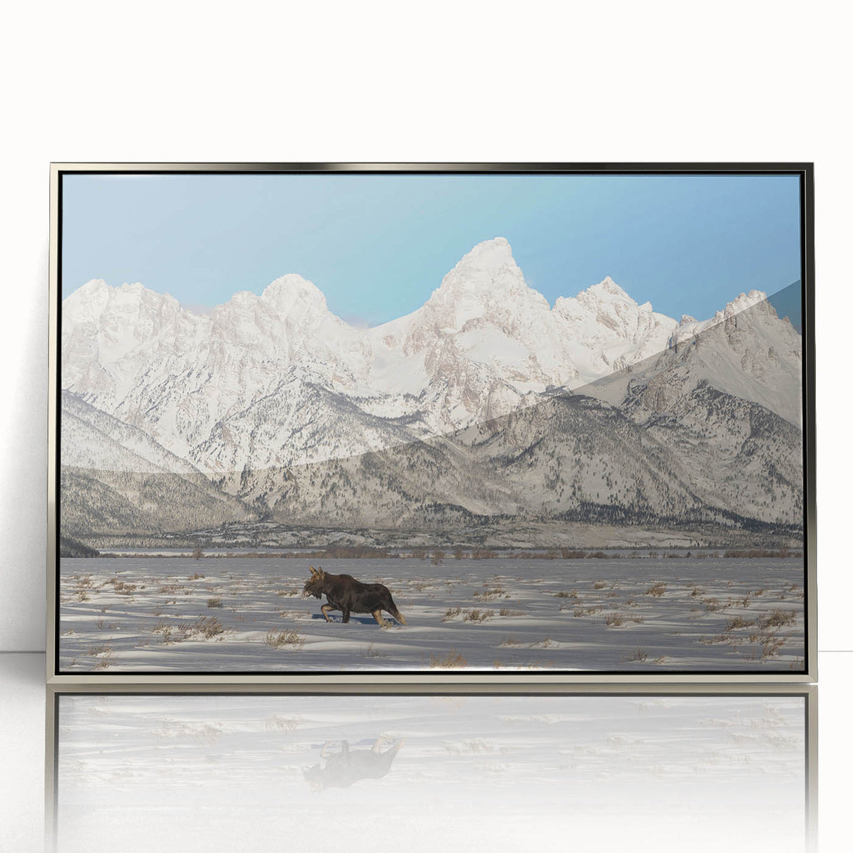 Mid-century modernist art of the Grand Tetons in muted earth tones on a framed acrylic, ideal for nursery wall art.