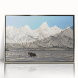Mid-century modernist art of the Grand Tetons in muted earth tones on a framed acrylic, ideal for nursery wall art.