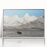 Acrylic print of the Grand Tetons with soft blue and green tones in an art deco style, suitable for modern art wall decor.