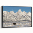 Black and white framed canvas depicting the Grand Tetons landscape, ideal for bedroom wall art with a vintage poster style.