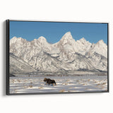 Black and white framed canvas depicting the Grand Tetons landscape, ideal for bedroom wall art with a vintage poster style.