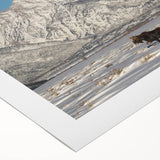 Art deco poster of the Grand Tetons in muted earth tones on rolled canvas, suitable for dining room wall art.