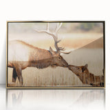 Large art print of Yellowstone scenery in mid-century modernist style, framed in acrylic with gold tones.