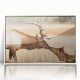 Acrylic print of Yellowstone scenery with muted green and blue tones in an art deco style, ideal for modern art wall decor.