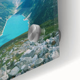 Large acrylic print of abstract spring landscape in muted green and yellow.