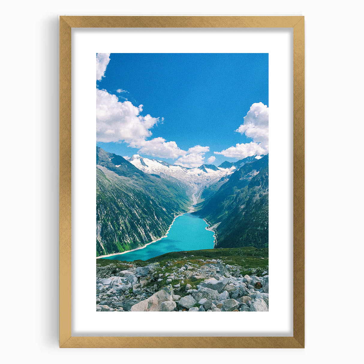 Extra large abstract art print featuring textured spring-themed design in pastel shades on a gold-framed canvas.