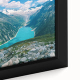 Close-up of a black wall art canvas featuring a textured, colorful abstract design, ideal for living room decor.