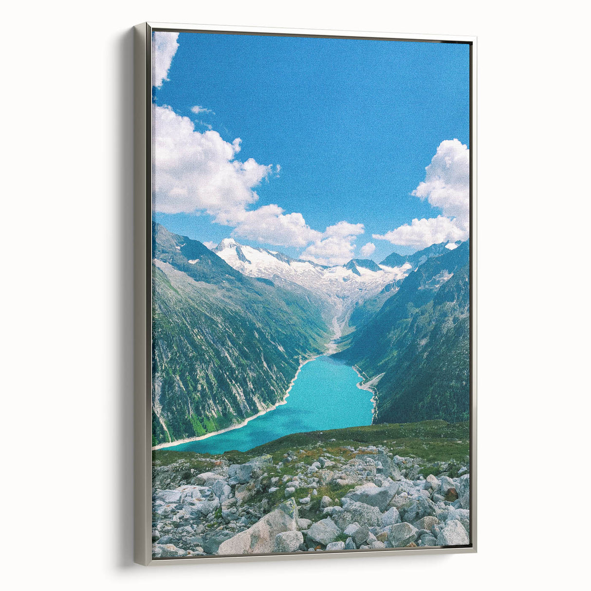 Landscape art painting of spring season on framed canvas, featuring vibrant green and floral hues.
