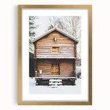 Extra large abstract art print in textured style, featuring cool blue and white tones, framed in gold.