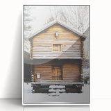 Art deco poster of a winter scene in muted blue and white tones on framed acrylic, suitable for modern nursery decor.