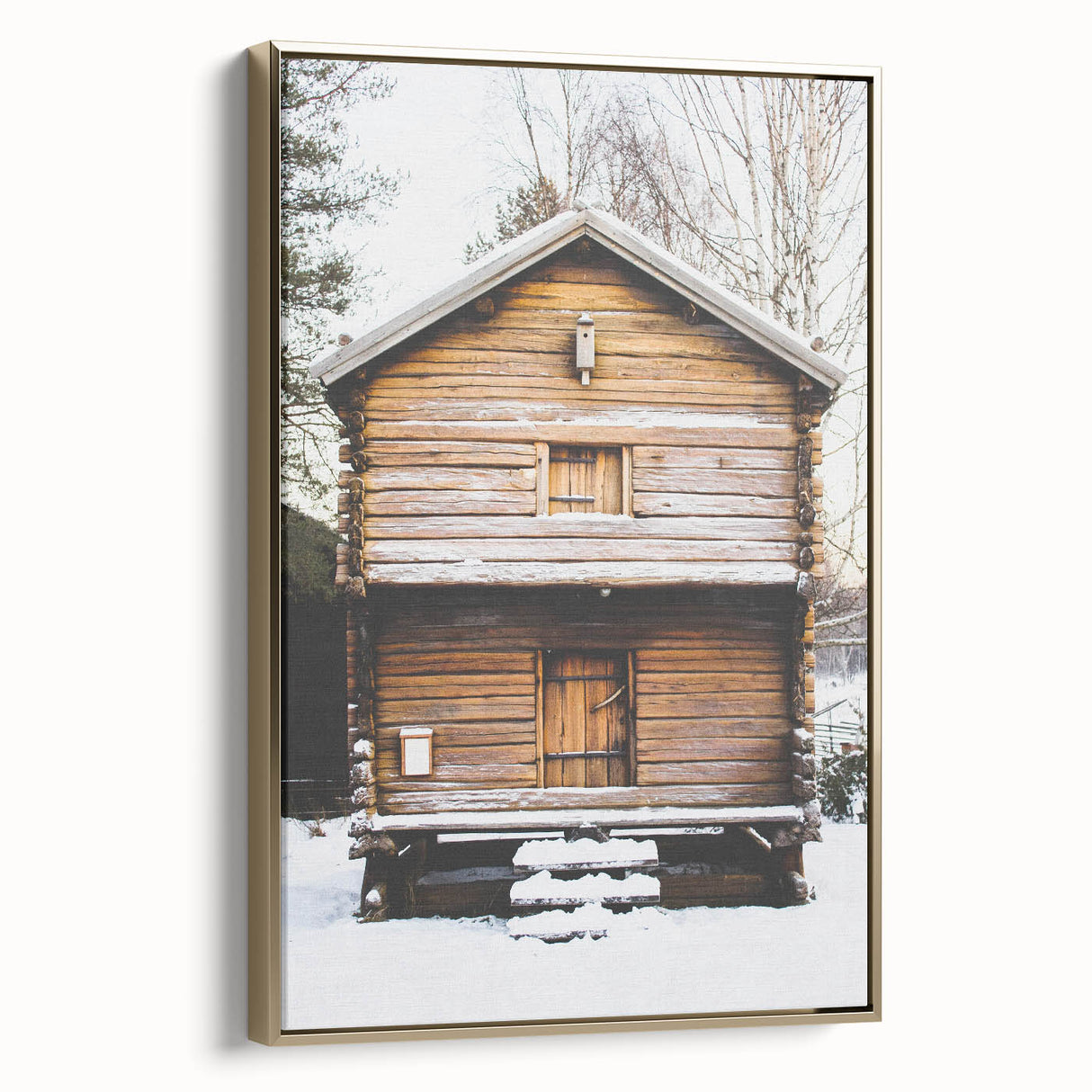 Winter landscape painting on framed canvas, featuring muted gray and white tones, ideal for bedroom wall art.