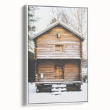 Vintage poster art of a winter scene on framed canvas, featuring muted colors, ideal for living room decor.