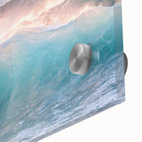 Large abstract wall art in vibrant orange and blue tones on acrylic glass, ideal for dining room ambiance.