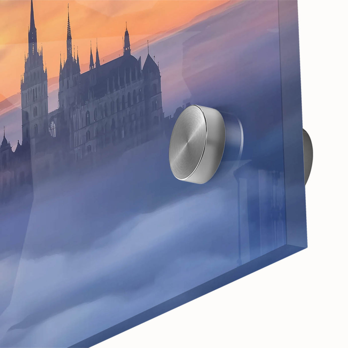 Close-up of vibrant acrylic landscape artwork depicting a majestic castle surrounded by lush greenery, showcasing intricate details and rich colors ideal for home decor.