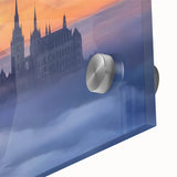Close-up of vibrant acrylic landscape artwork depicting a majestic castle surrounded by lush greenery, showcasing intricate details and rich colors ideal for home decor.