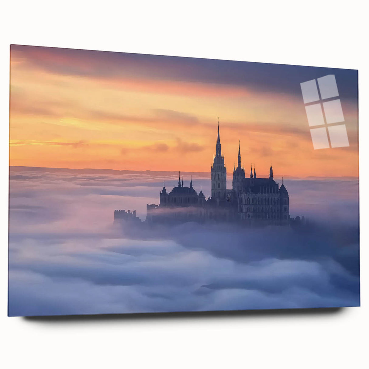 Acrylic glass artwork showcasing a detailed landscape of a medieval castle set against a vibrant blue sky, emphasizing the intricate design and vivid colors, perfect for home decor.