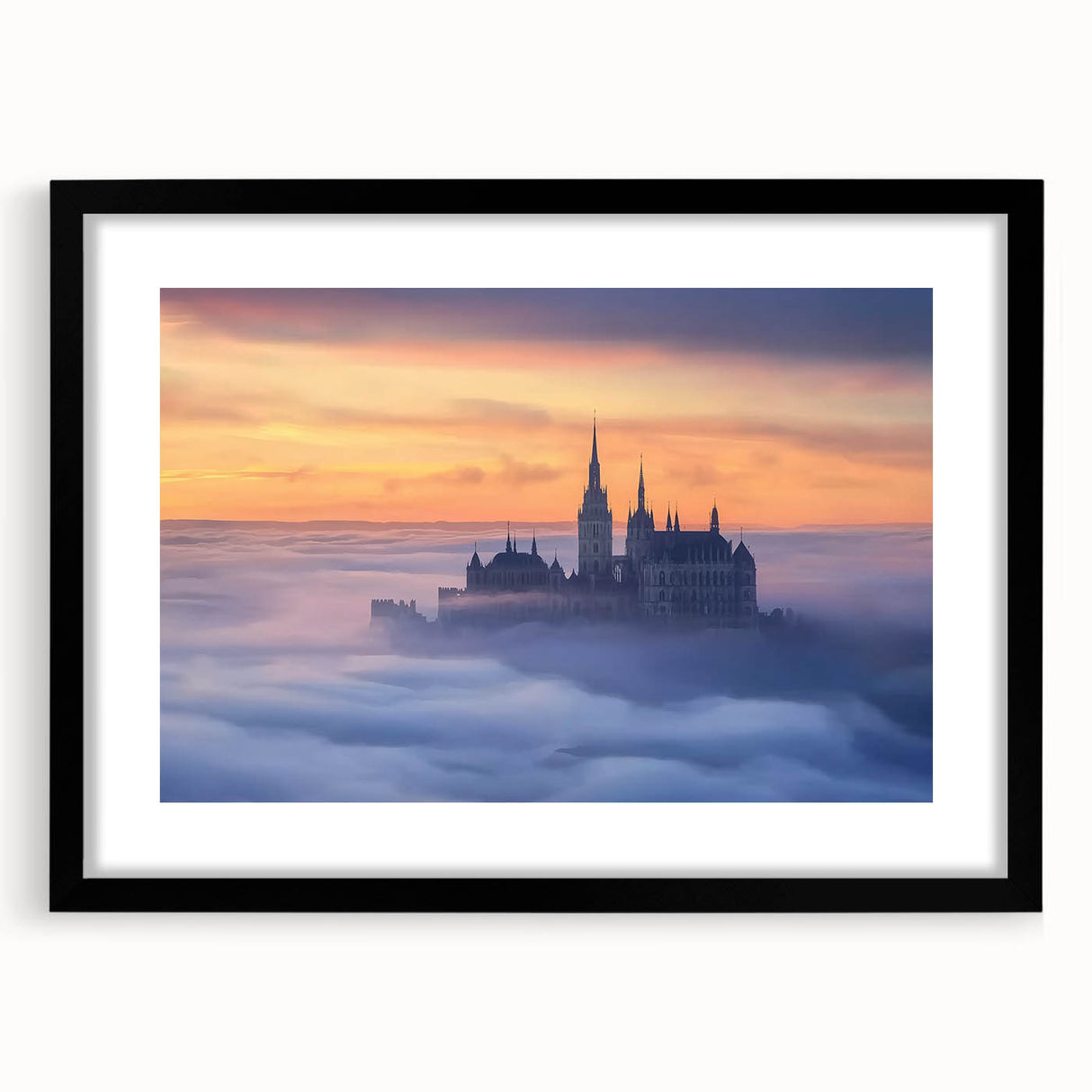 Black-framed landscape artwork showcasing a picturesque castle scene, elegantly matted, perfect for home decor. Ideal for enhancing interior aesthetics.