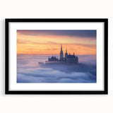 Black-framed landscape artwork showcasing a picturesque castle scene, elegantly matted, perfect for home decor. Ideal for enhancing interior aesthetics.