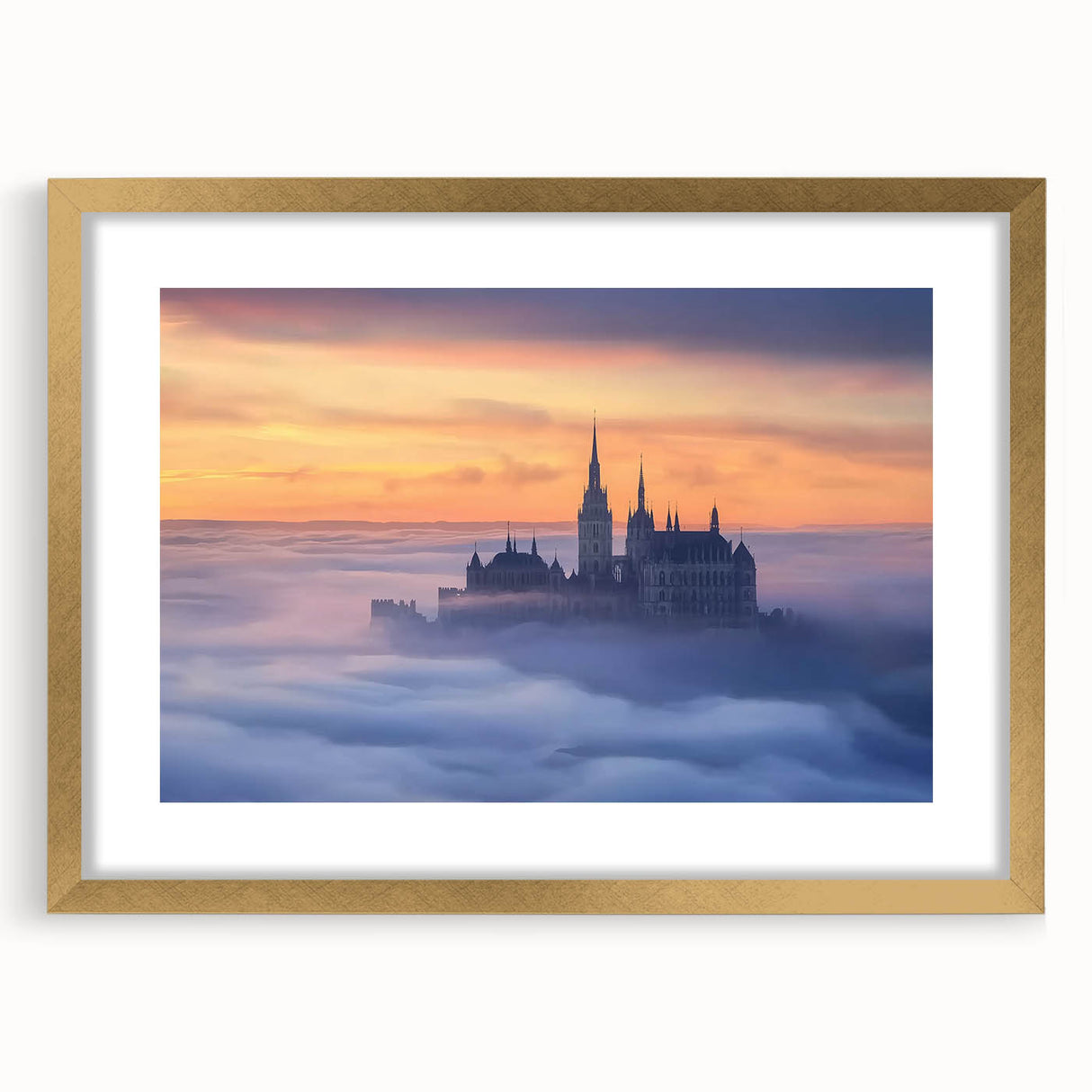 Elegant gold-framed landscape featuring a serene castle scene, complete with matting for added depth, ideal for enhancing home decor and interior design aesthetics.