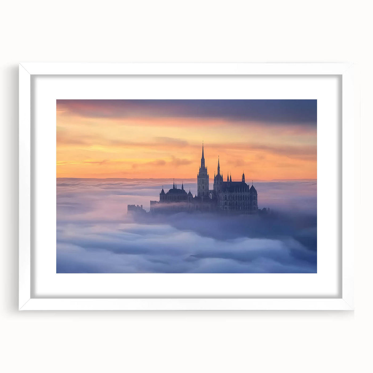 Framed landscape artwork featuring a serene castle scene, accented by a white mat and elegant frame, perfect for enhancing home decor with a touch of sophistication.
