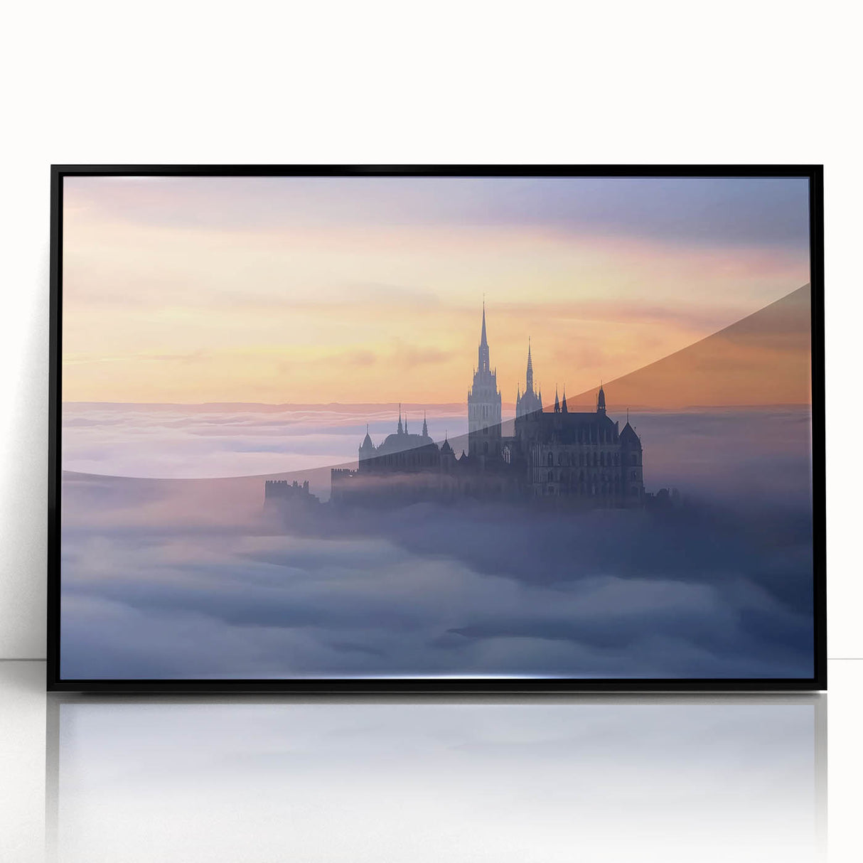 Framed acrylic artwork featuring a stunning landscape with a majestic castle, set against a tranquil sky, showcasing rich colors and intricate details, perfect for home decor.