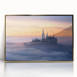 Framed acrylic landscape artwork depicting a majestic castle surrounded by lush greenery and a clear blue sky, featuring a stylish gold frame that enhances its elegance. This eye-catching piece adds a touch of sophistication to any home decor.