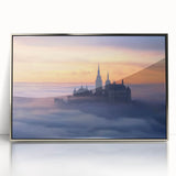 Framed acrylic artwork depicting a majestic castle surrounded by lush landscapes, featuring a sleek silver frame and vibrant colors, perfect for home decor.