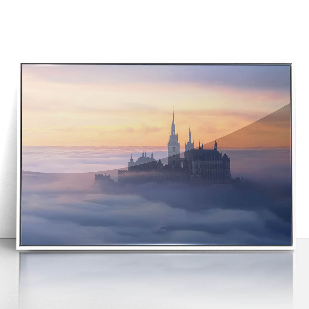 Framed acrylic artwork of a picturesque castle landscape, showcasing vibrant colors and intricate details, elegantly displayed in a white frame for an elegant touch.
