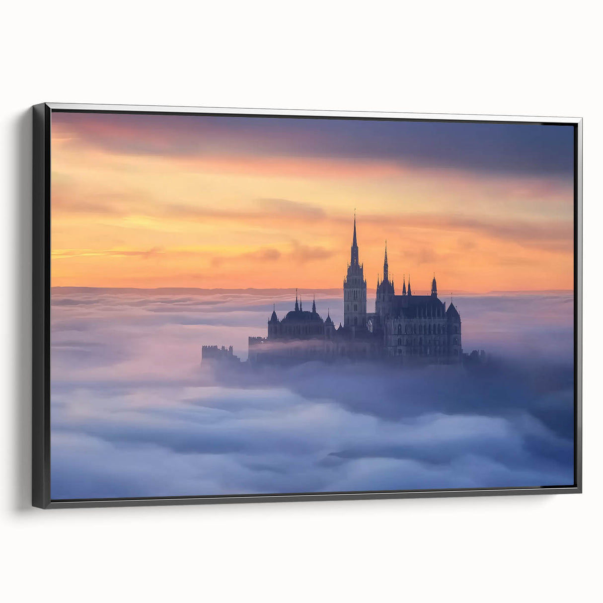 Framed canvas artwork showcasing a stunning landscape of a castle, presented in a sleek black frame. The piece highlights intricate details of the castle against a serene backdrop, perfect for enhancing home decor.