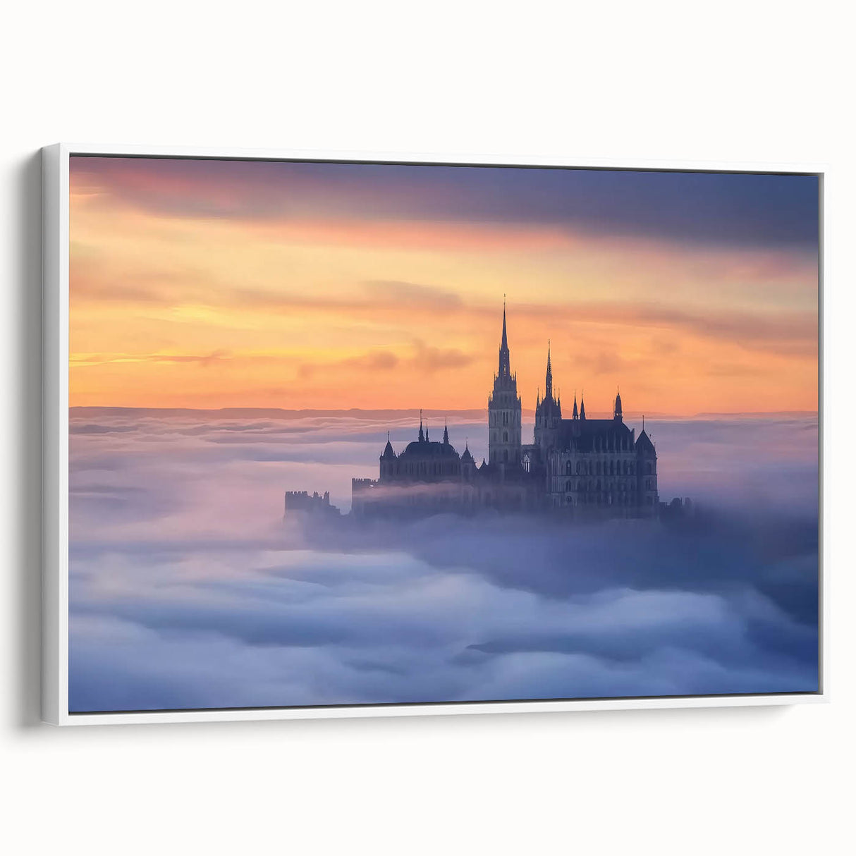 Framed canvas artwork showcasing a stunning landscape with an elegant castle, set against a serene backdrop, featuring a white frame that enhances its beauty. Perfect for home décor or office spaces.