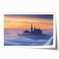 Rolled print showcasing a vibrant landscape of a majestic castle surrounded by lush greenery, designed for wall decor in a stylish cardboard tube.