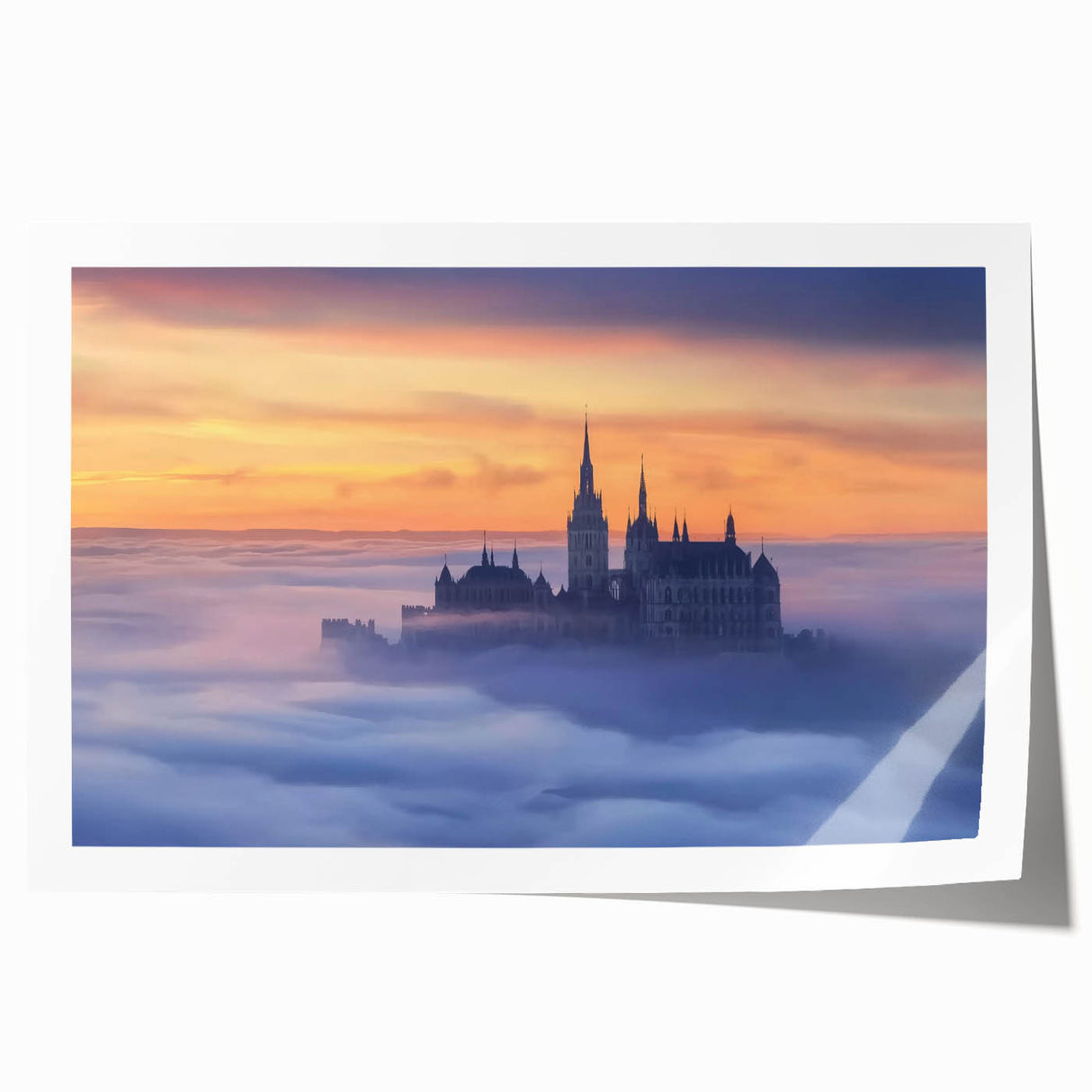 Rolled print showcasing a vibrant landscape of a majestic castle surrounded by lush greenery, designed for wall decor in a stylish cardboard tube.