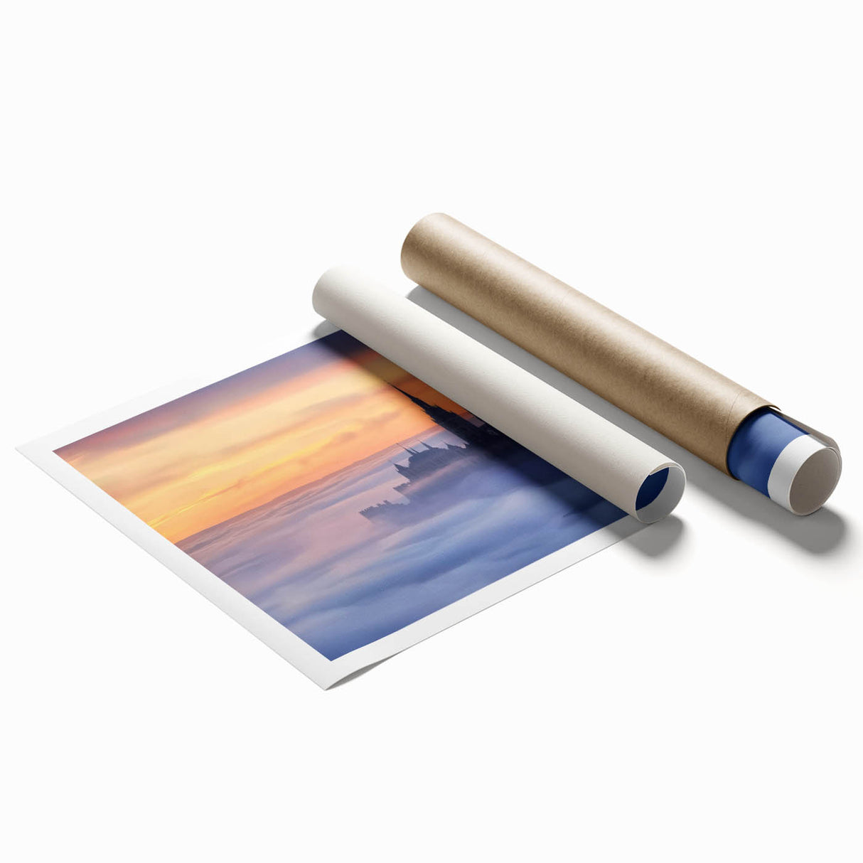Landscape canvas print showcasing a majestic castle surrounded by lush greenery and a vibrant blue sky, elegantly rolled for easy display and storage. The artwork highlights intricate details and rich colors, perfect for enhancing any home decor.