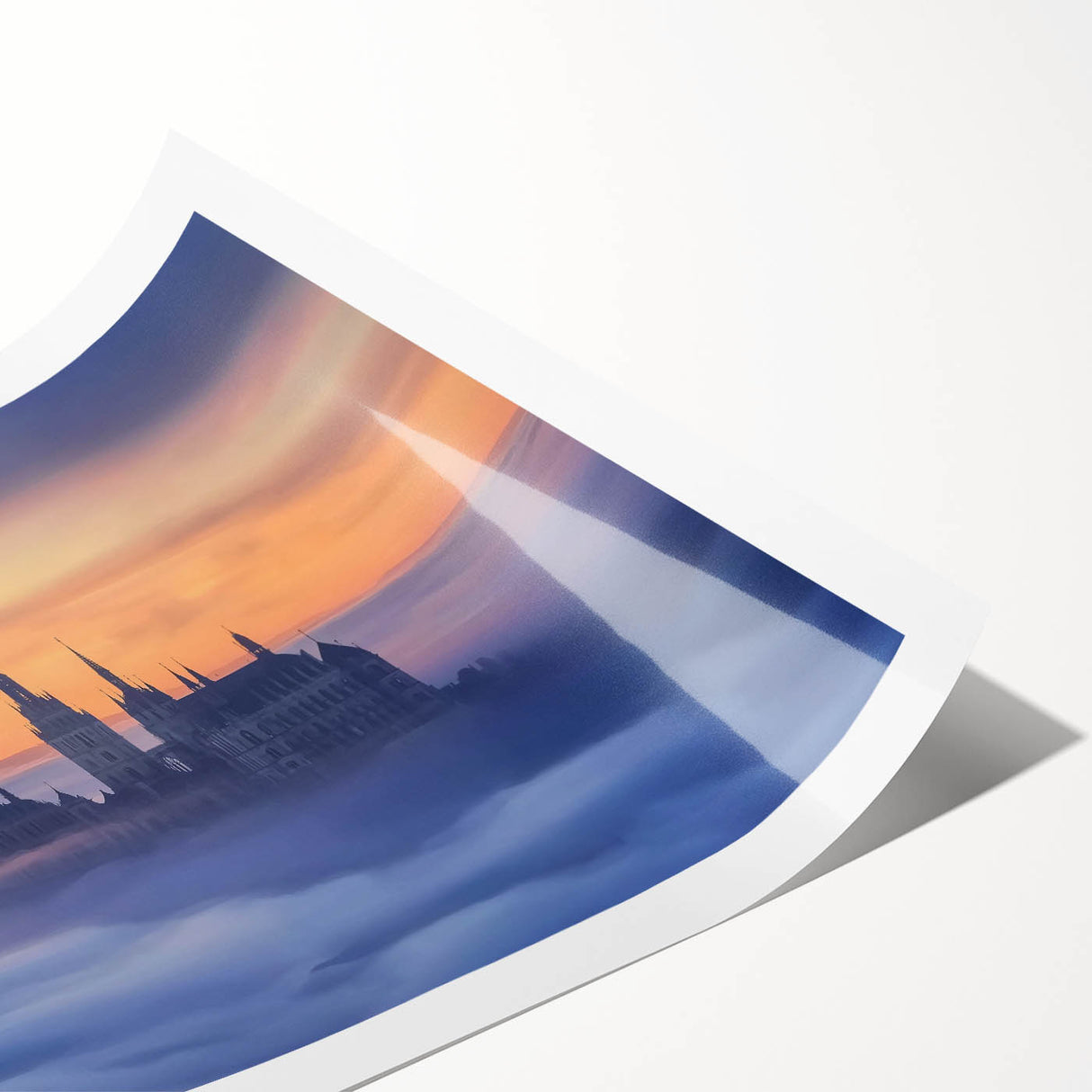 Vibrant rolled print of a picturesque landscape featuring an ancient castle surrounded by lush greenery and a clear blue sky, ideal for home decor.