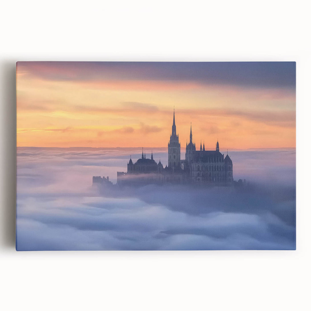 Stretched canvas artwork depicting a majestic landscape with a castle, showcasing vibrant greens and blues, perfect for enhancing home decor.
