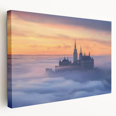 Stretched canvas artwork depicting a scenic landscape with a majestic castle set against a vibrant sky, showcasing intricate details and rich colors, perfect for home decor.