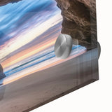 Close-up of an acrylic glass artwork showcasing a vibrant landscape with intricate cave formations, highlighting rich colors and detailed textures, perfect for home decor.