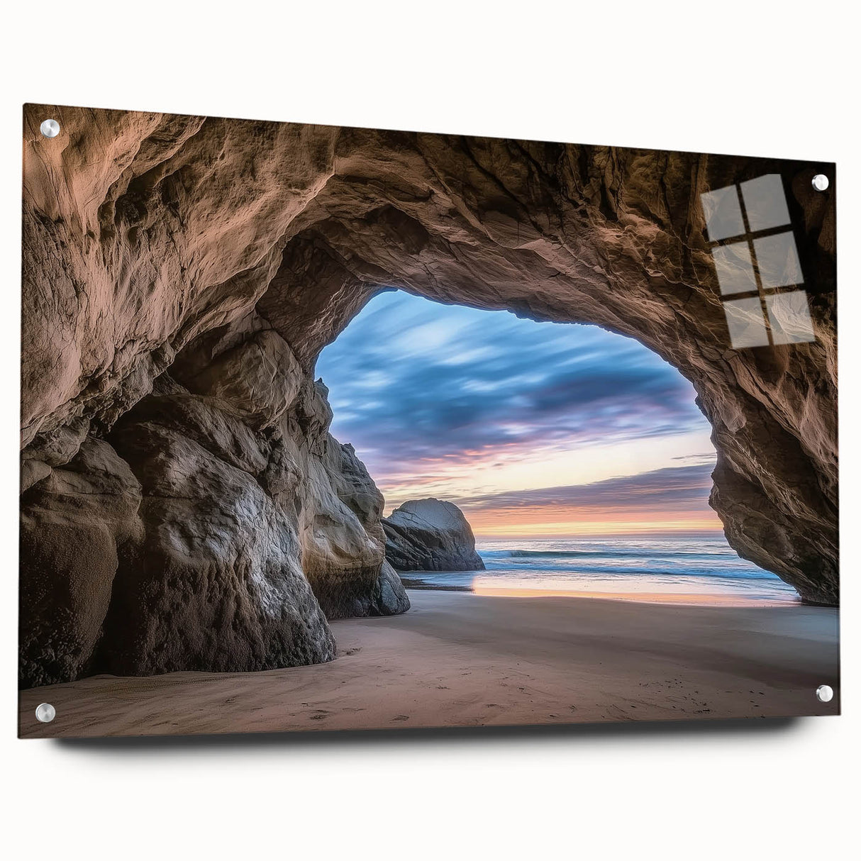 Acrylic landscape artwork depicting a serene cave scene, presented in a side view with decorative pins. The vivid colors enhance the natural beauty, perfect for modern home decor.