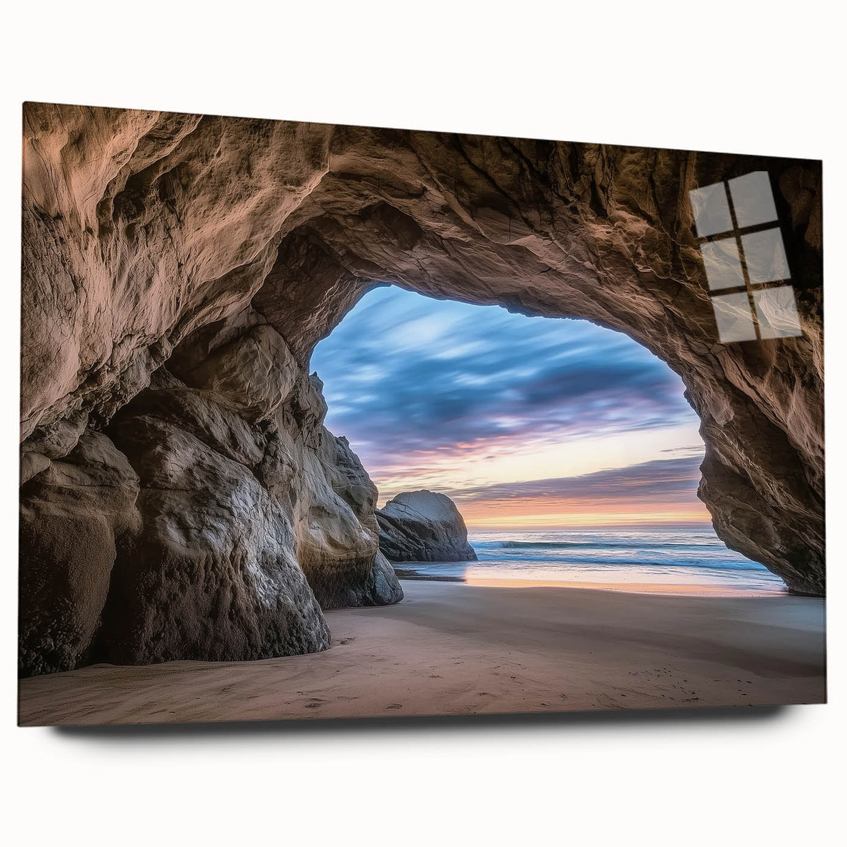 Acrylic landscape artwork depicting a stunning cave scene, showcasing vibrant colors and intricate details, displayed in a sleek glass frame, ideal for modern home decor.
