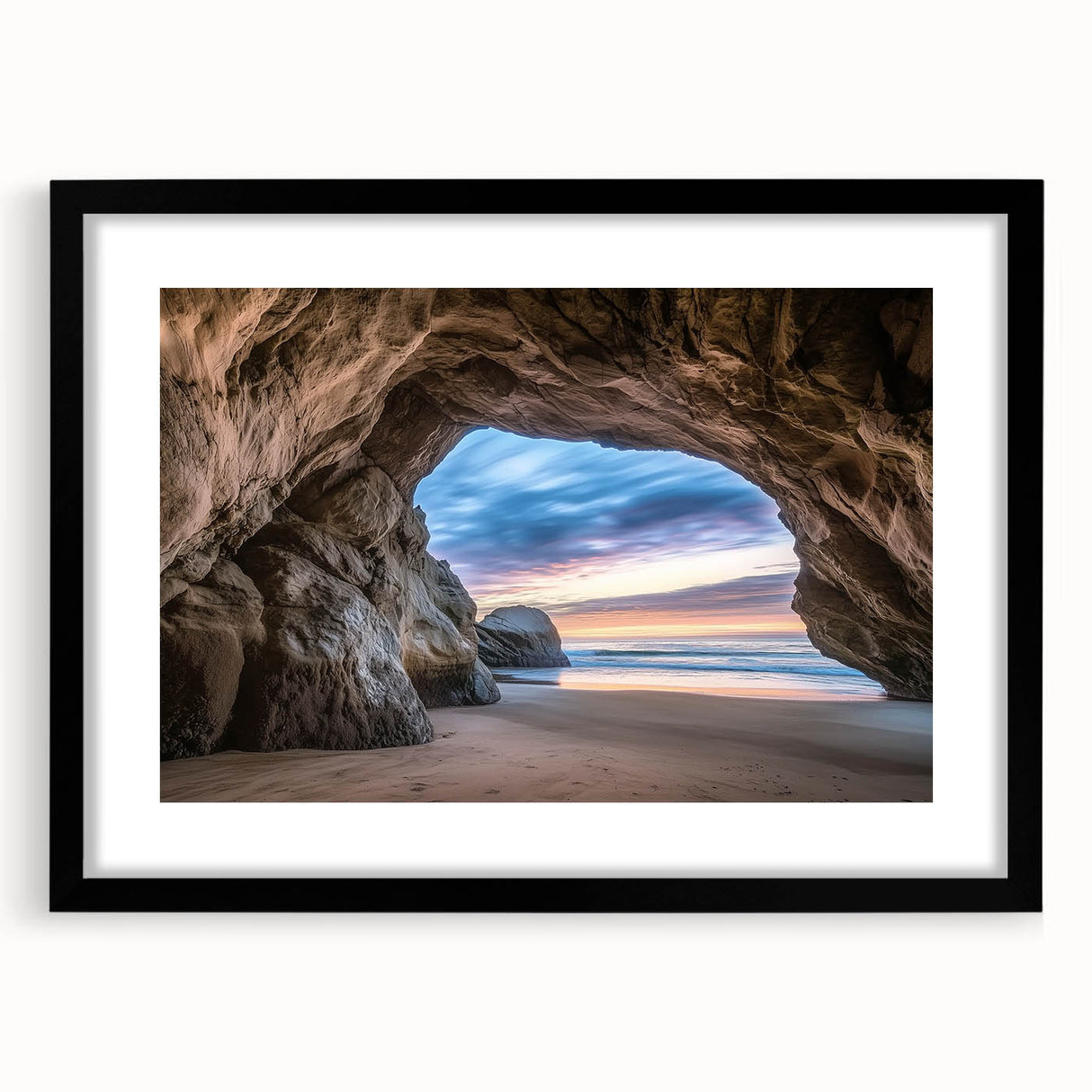 Framed black landscape artwork depicting a serene cave scene, featuring a mat for enhanced presentation, ideal for modern home decor or office spaces.